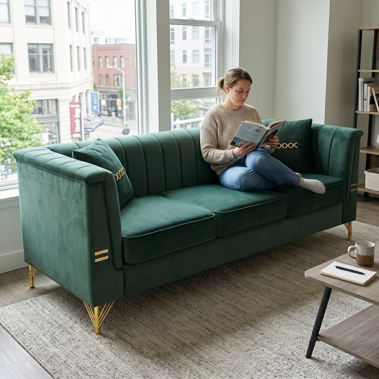 FX-P82-GR3 82.67" Modern Velvet 3-Seater Chesterfield Sofa with 2 Pillows