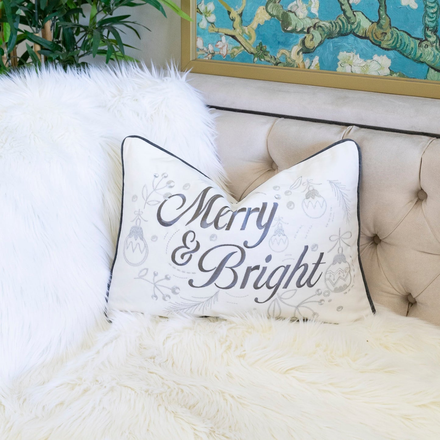 Merry & Bright Christmas Throw Pillow – 14x20 Velvet Lumbar Cushion