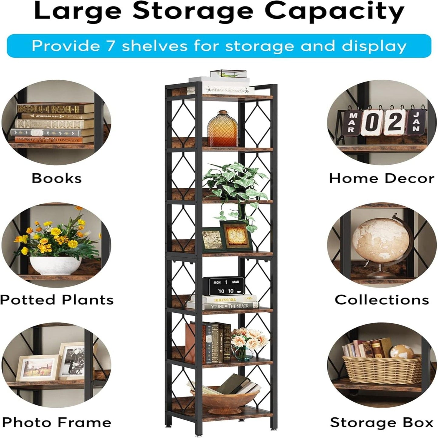 Extra Tall 7 Tier Narrow Corner Bookshelf Storage Display Rack For Living Room - Rustic Brown