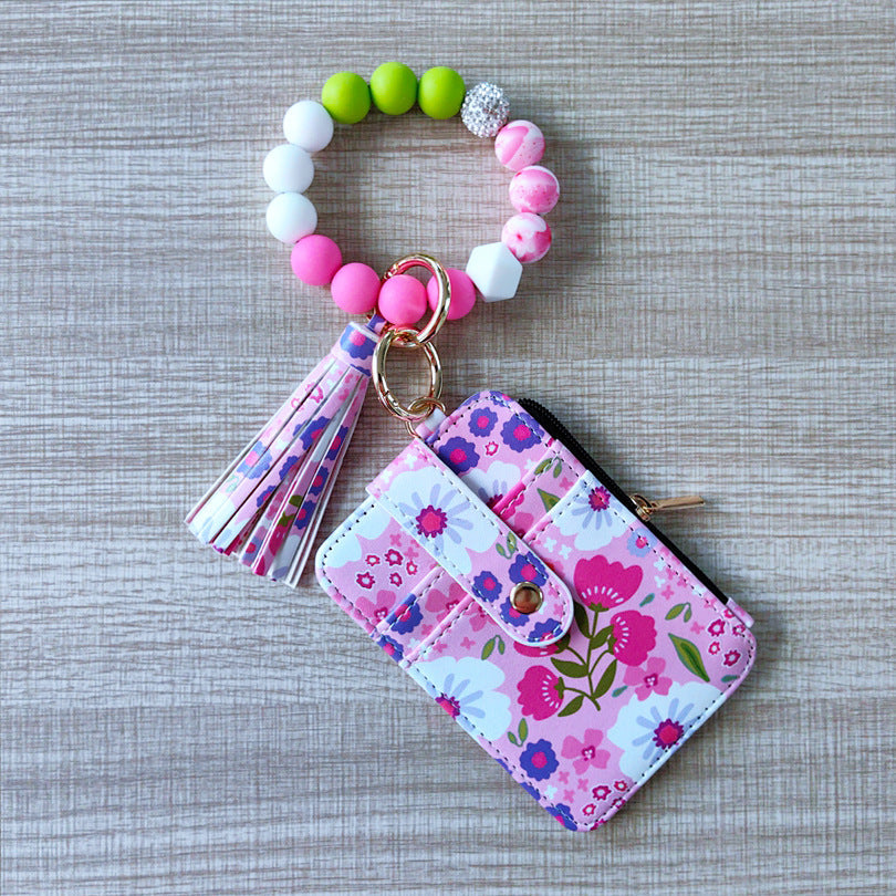 Womens Silicone Bead Bracelet Keychain Cardholder
