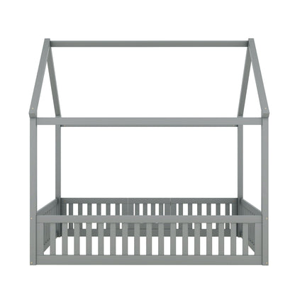 Wood House Bed With Fence And Door