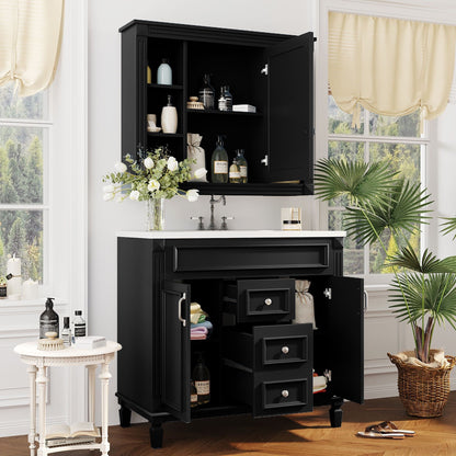 Bathroom Vanity With Top Sink, Mirror Cabinet, 2 Soft Closing Doors & 2 Drawers