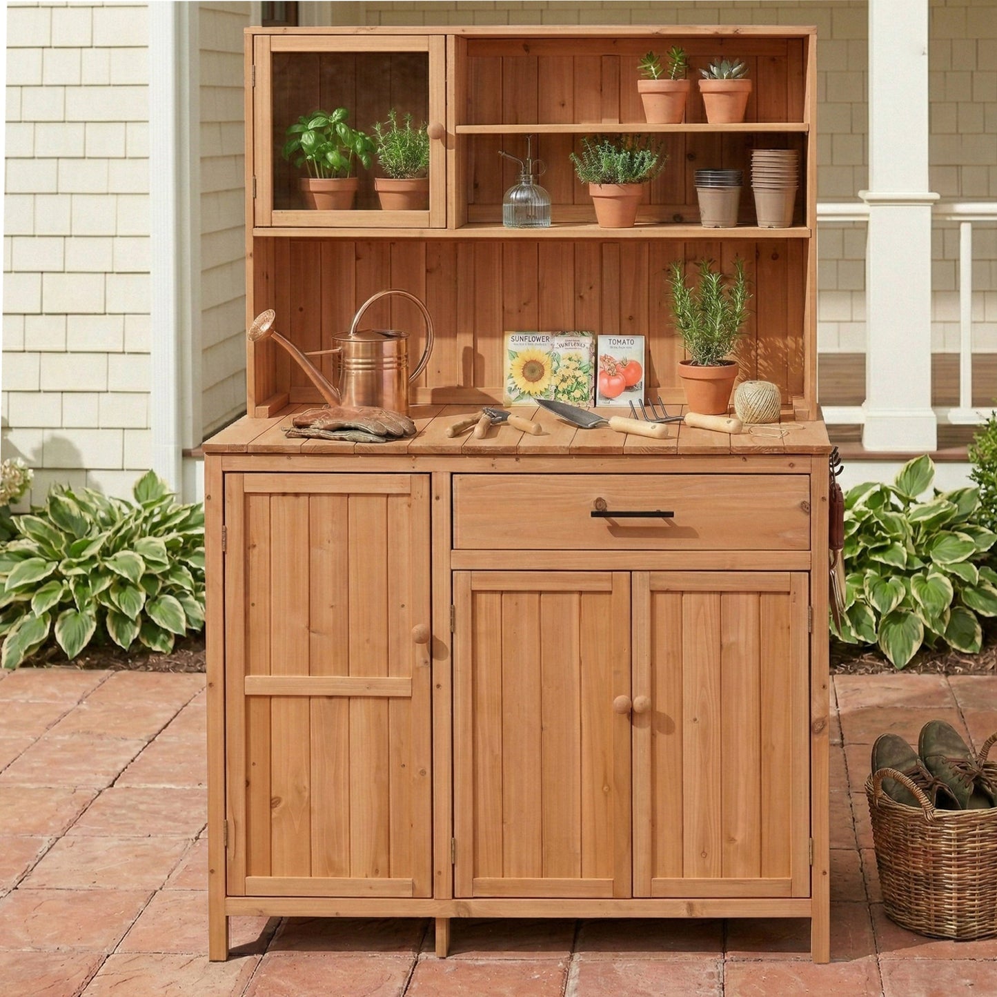 TOPAMX Potting Bench with Hutch, Solid Fir Wood Garden Workstation