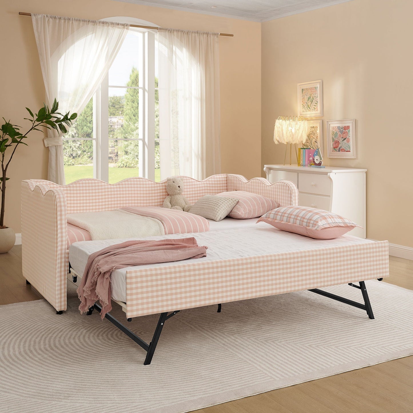Gingham Daybed With USB Charging Port, Wave Shaped Design