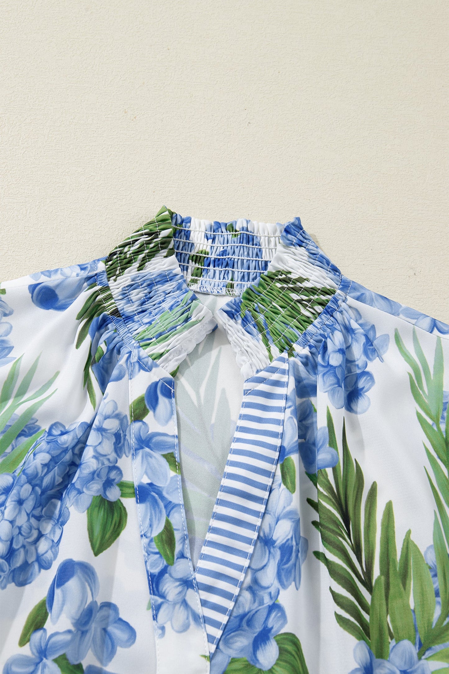 Sky Blue Palm Floral Print Striped Patchwork V Neck Short Sleeve Blouse