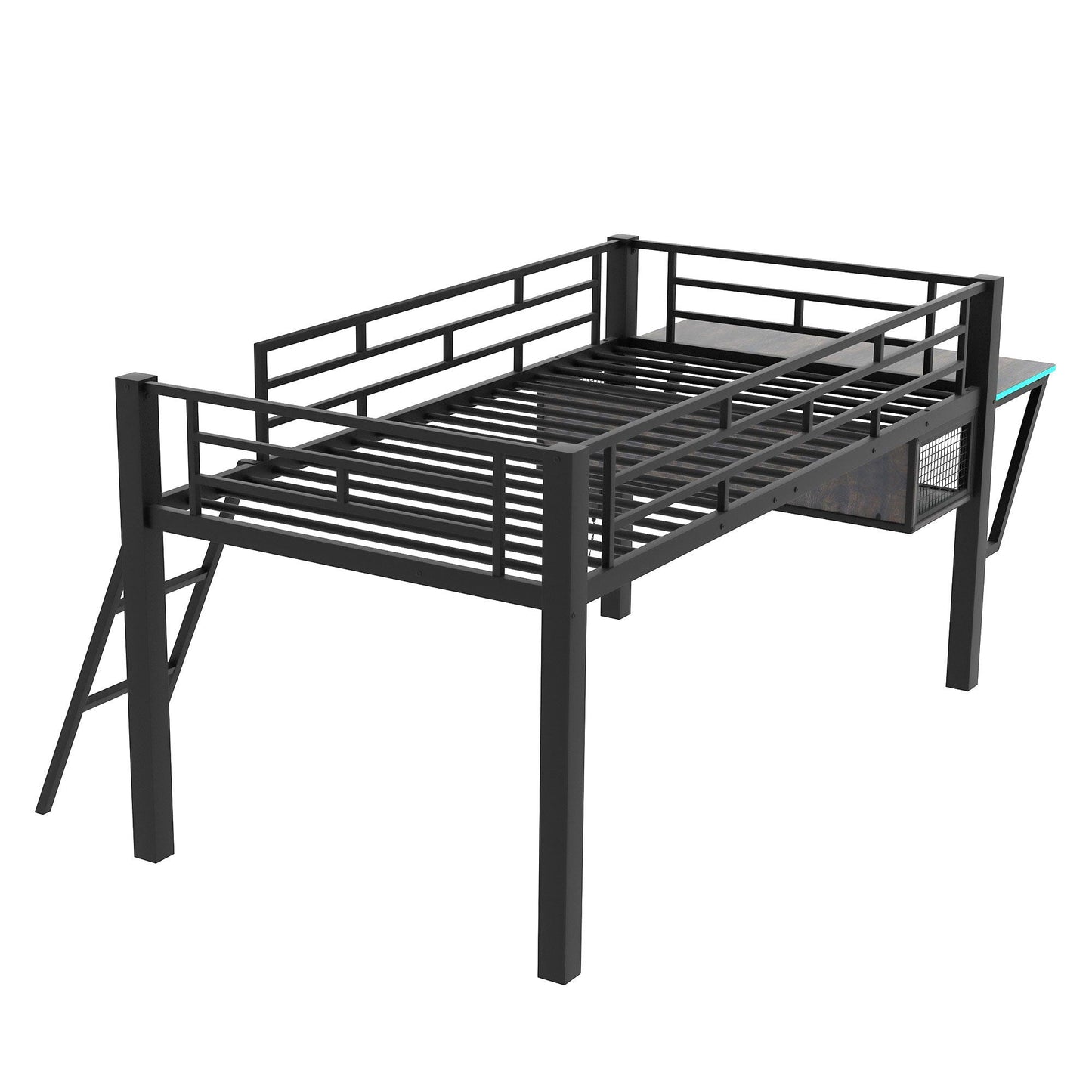 Modern Gaming Mid Loft Bed With Desk And LED Lights