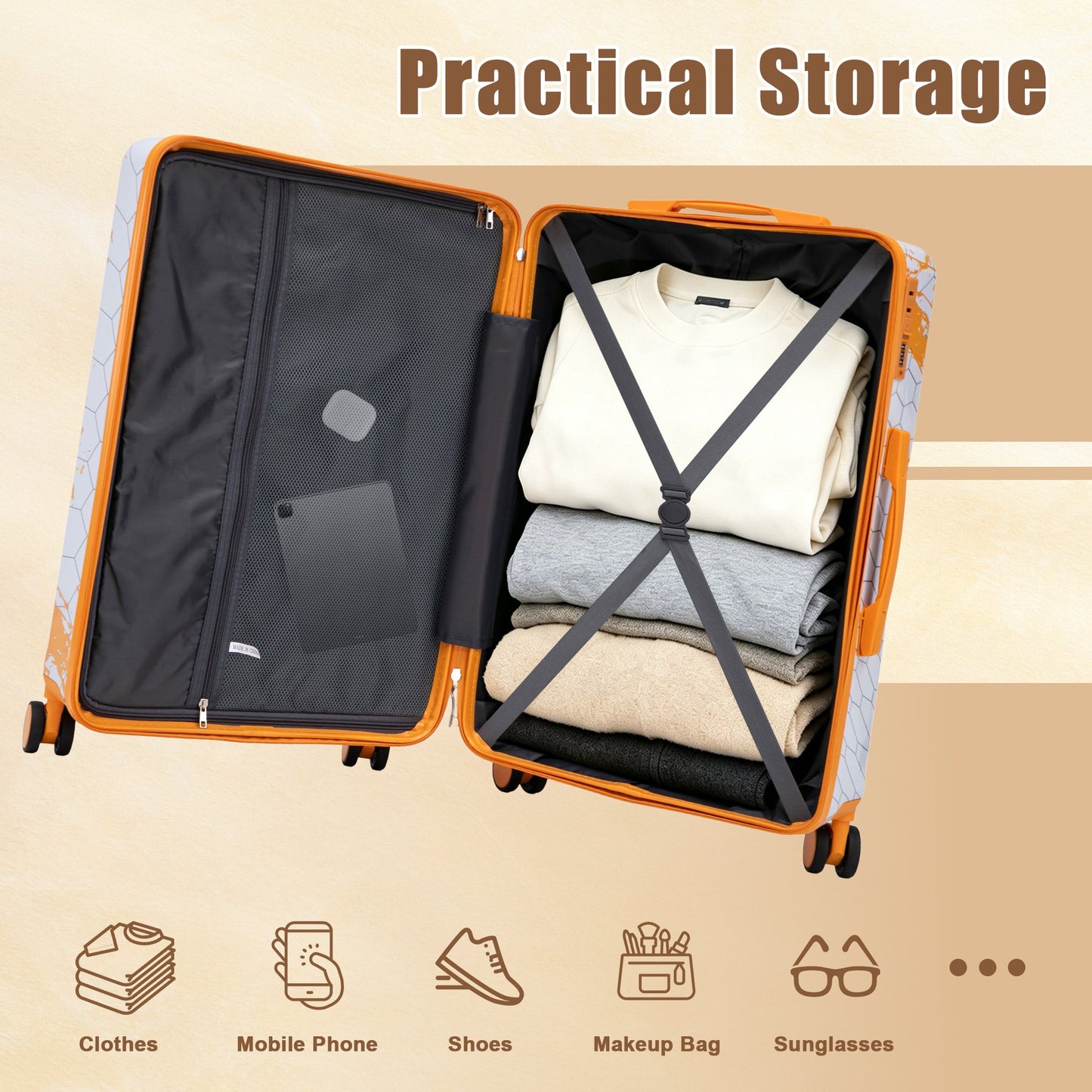3-Piece PC Spinner Wheel Luggage Set in Orange