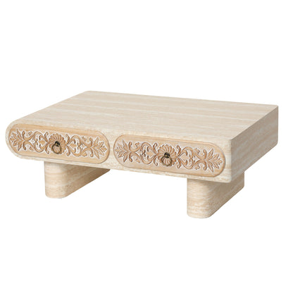Rounded Edge Coffee Table with Flower Pattern Solid Wood Drawer