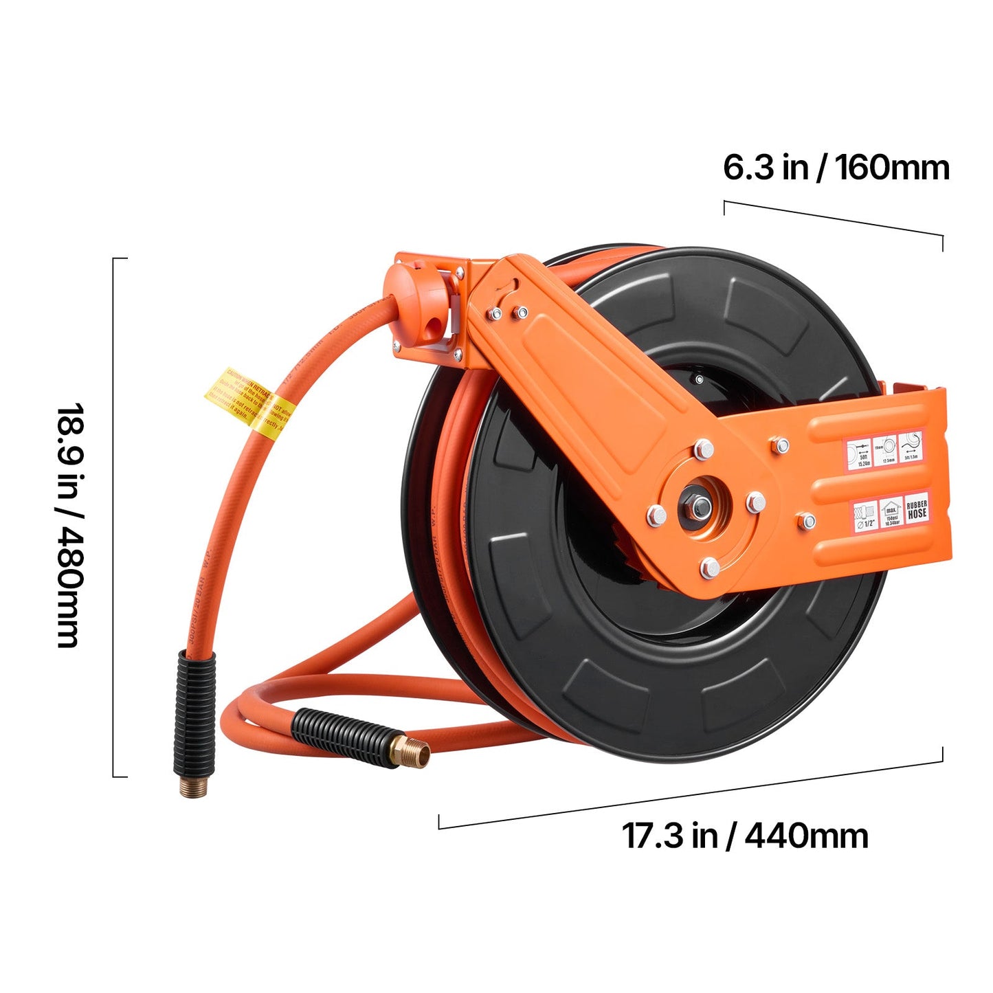 Retractable Air Hose Reel, 1/2 Inch x 65 Ft Rubber Hose
