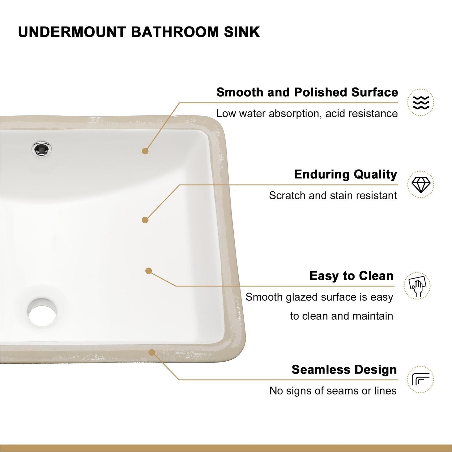 European Style Ceramic Rectangular Undermount Bathroom Sink With Overflow