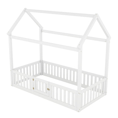 Wood House Bed With Fence And Door