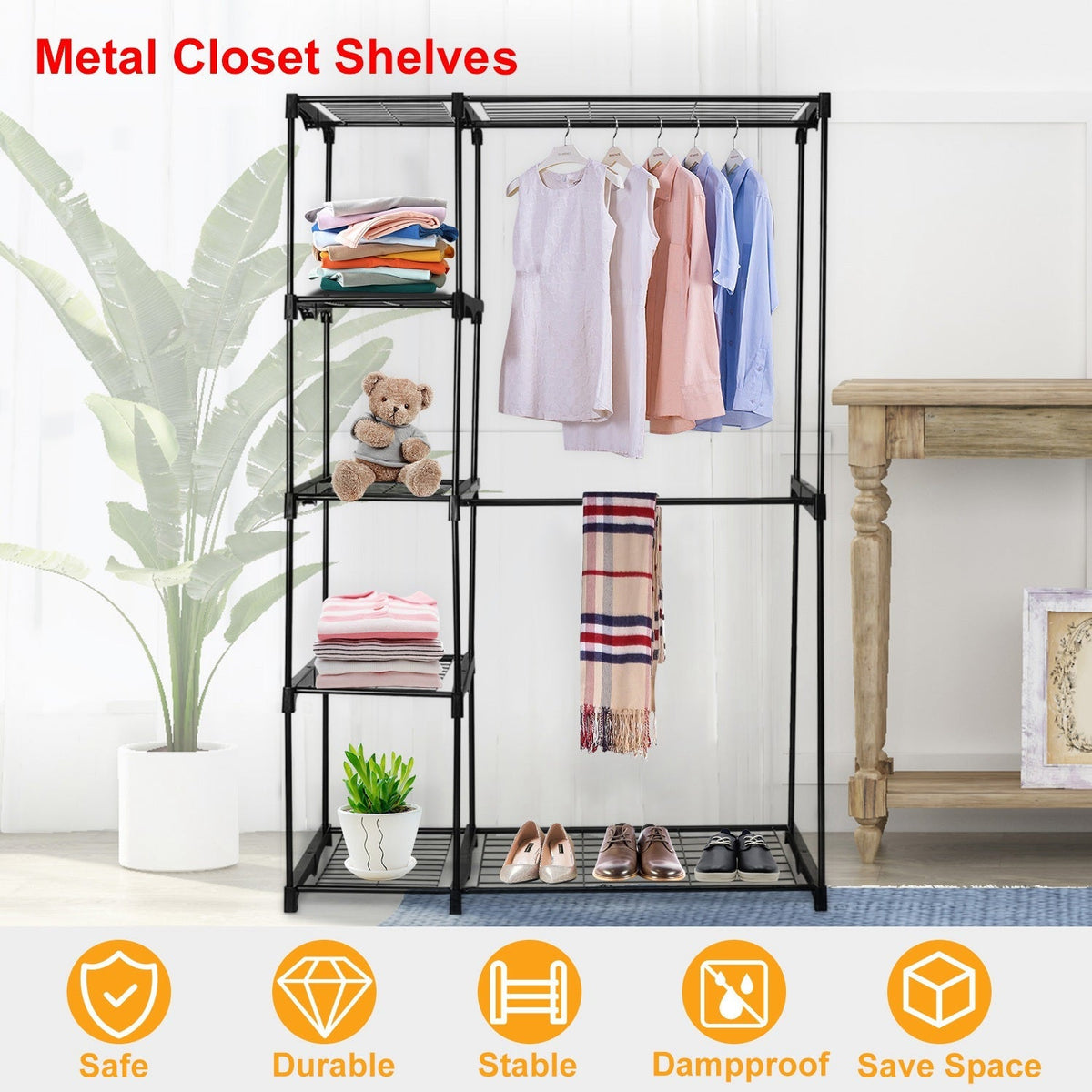 Metal Closet Deluxe Double Rod Freestanding Closet Clothes Storage Organizer Coat Storage Wardrobe Metal Shoes Storage Rack with 5-Tier Wire Shelving