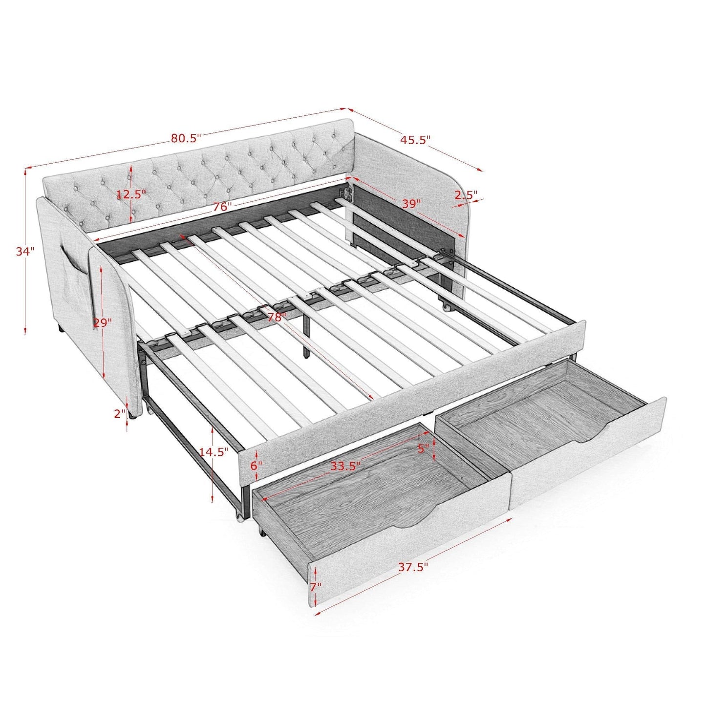 Daybed With Trundle And Storage Drawers, Flat Arms With Pocket