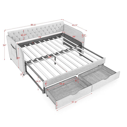 Daybed With Trundle And Storage Drawers, Flat Arms With Pocket