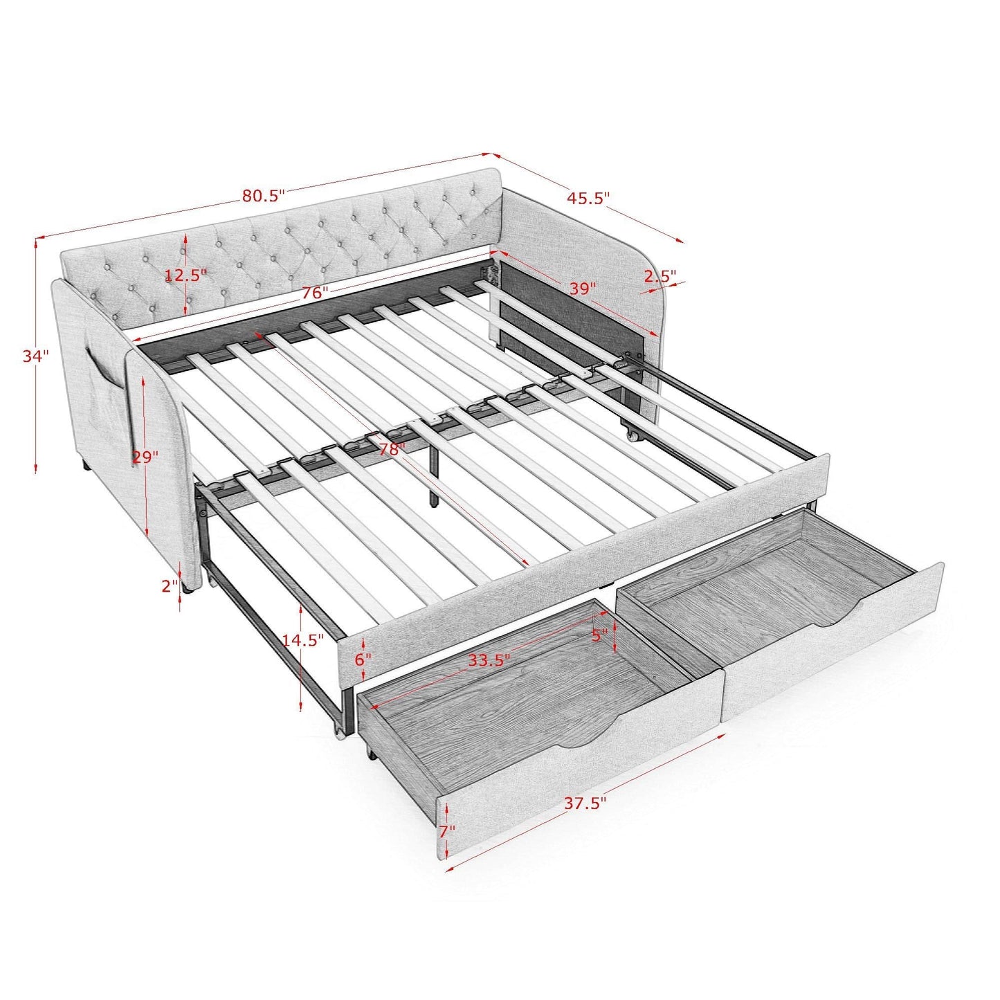 Daybed With Trundle And Storage Drawers, Flat Arms With Pocket