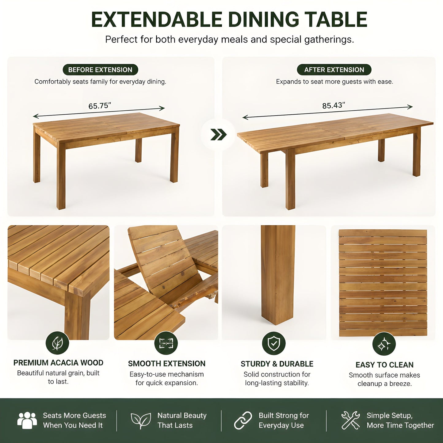 Extendable Acacia Wood Outdoor Dining Table