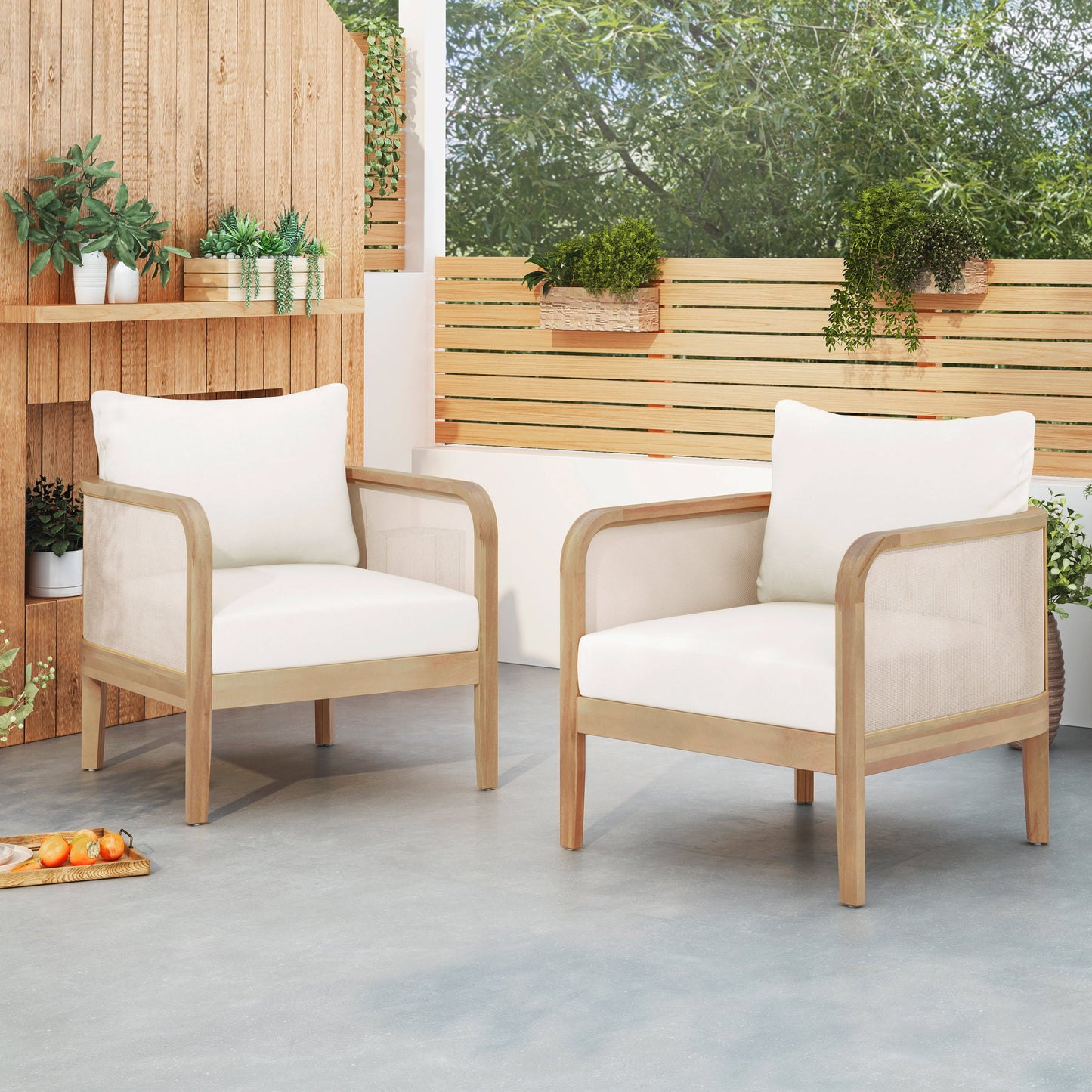 Set of 2 Outdoor Acacia Wood Patio Club Chairs