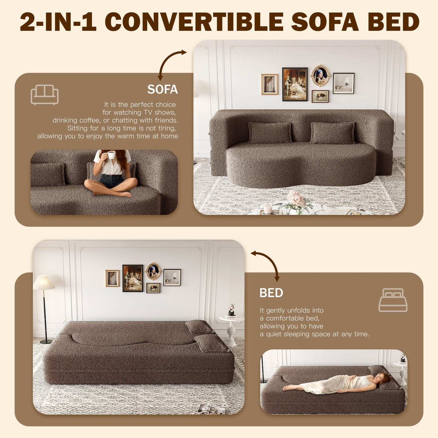 Modern Floor Sleeper Sofa Bed With 2 Pillows, Convertible Twin Size Folding Mattress For Living Room