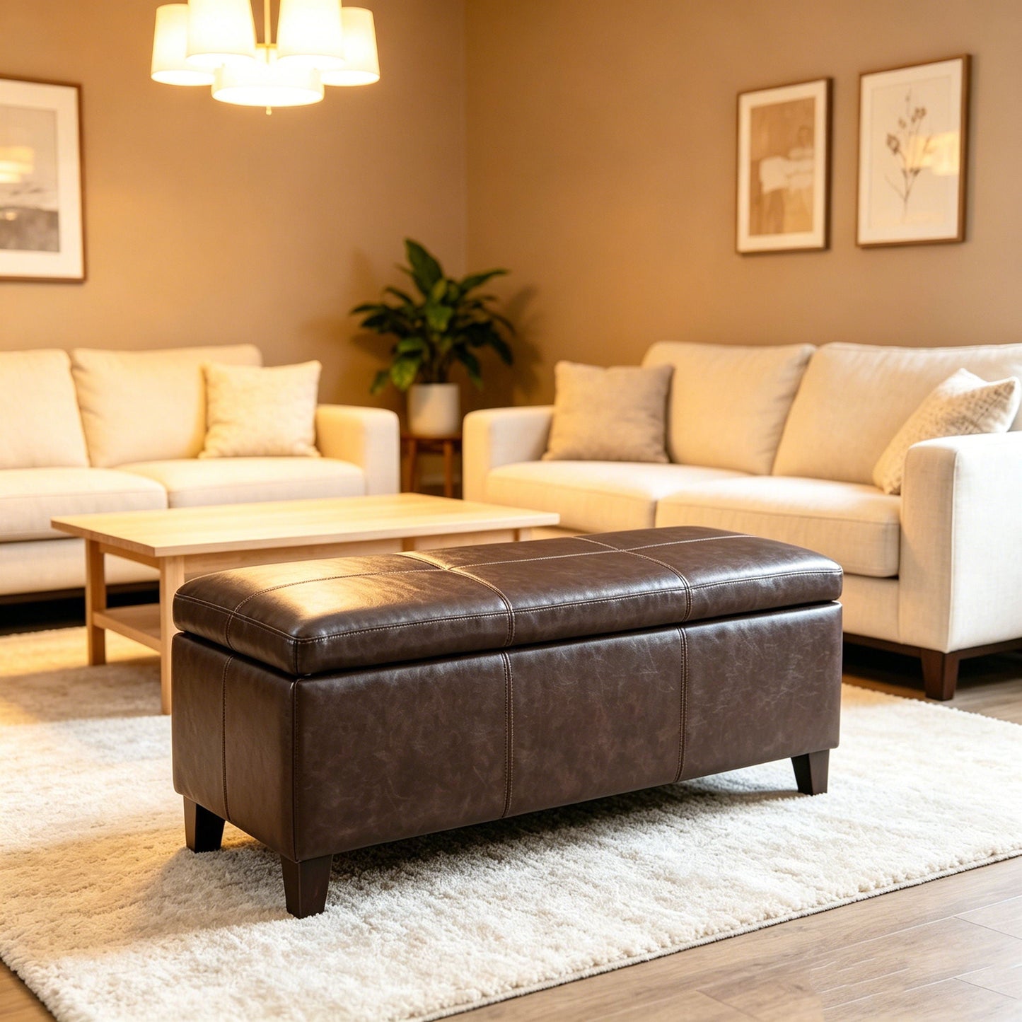 Rectangle Storage Ottoman Bench For Living Room - Brown