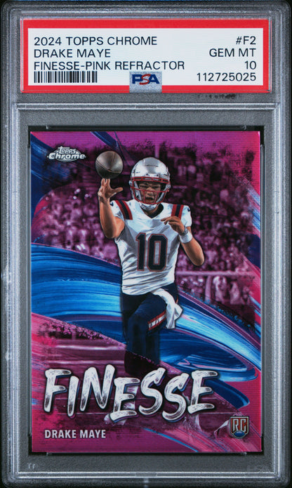 Graded 2024 Topps Chrome Drake Maye #F2 Finesse Pink Refractor Rookie RC Football Card PSA 10 Gem Mint