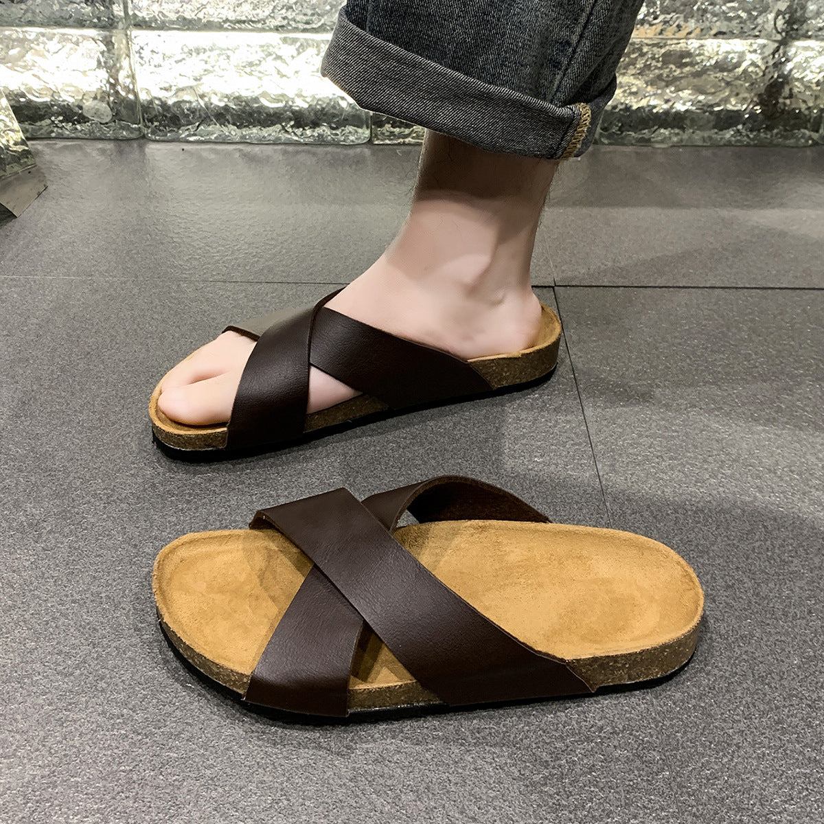 Mens Cork Slippers Cross-strap Sandals Fashionable