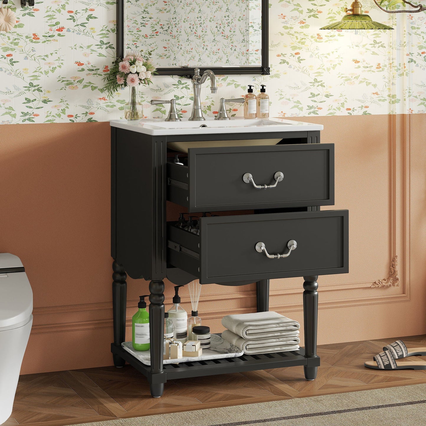 Wave Design Bathroom Vanity With Sink, 2 Drawers And Open Shelf