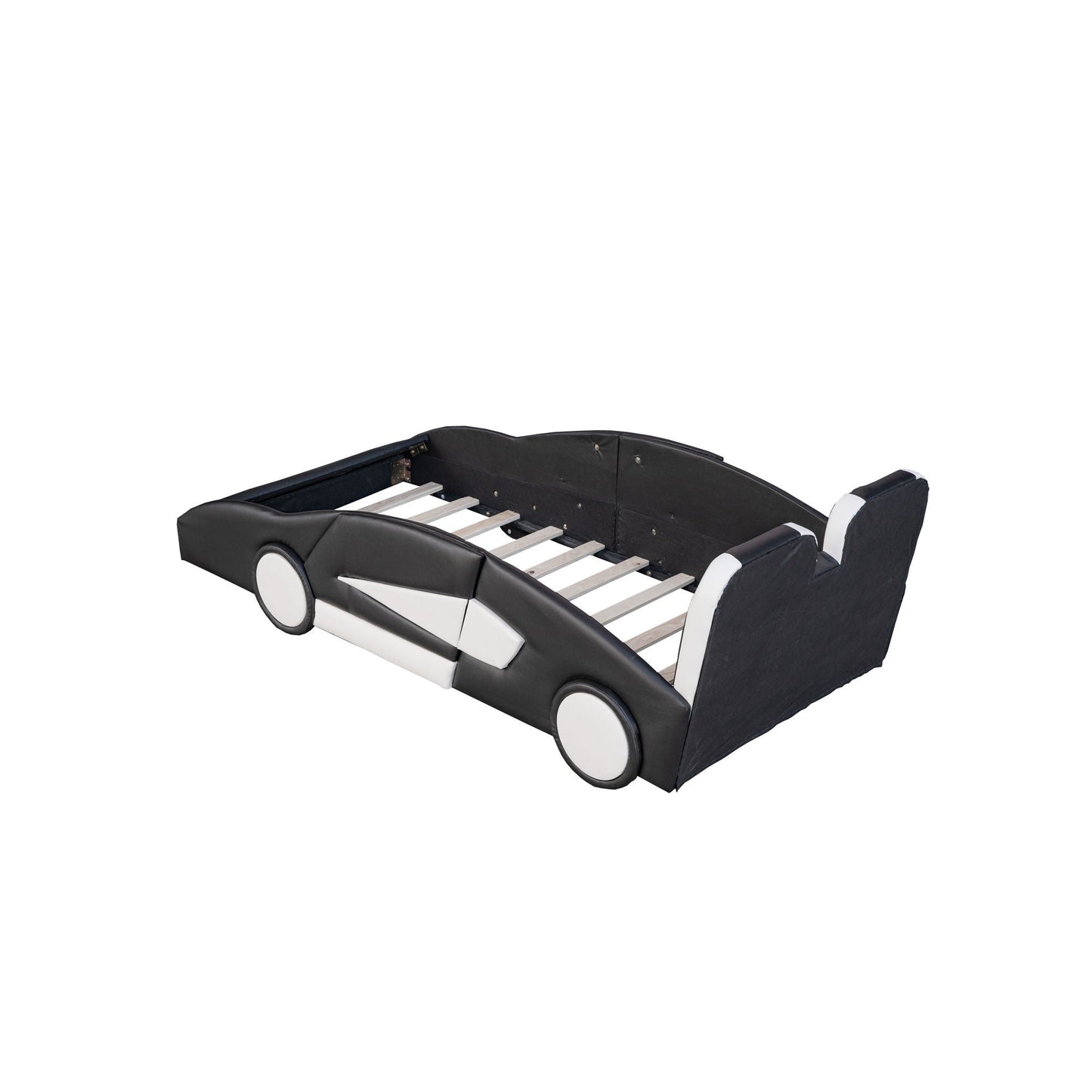 Race Car Shaped Twin Platform Bed With Wheels, Pine Wood Construction