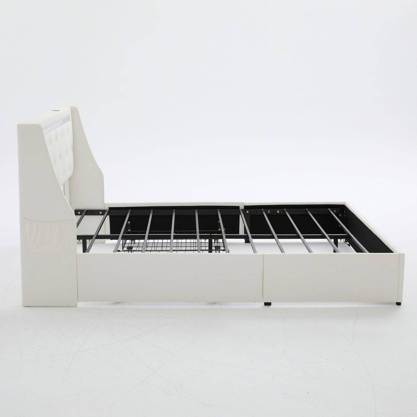 Wingback Upholstered Bed Frame With LED Lights, Charging Station