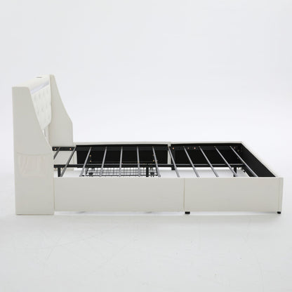 Wingback Upholstered Bed Frame With LED Lights, Charging Station
