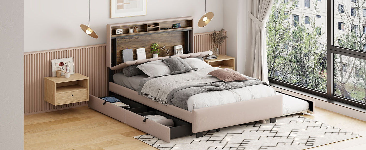 Upholstered Platform Bed With Storage Headboard, Trundle & 2 Drawers And A Set Of Sockets & USB Ports