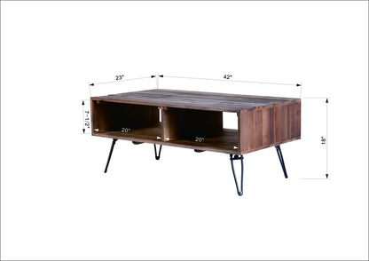 Reclaimed Wood Cocktail Table With Open Storage For Living Room, Metal Legs, Foldable - Black / Natural