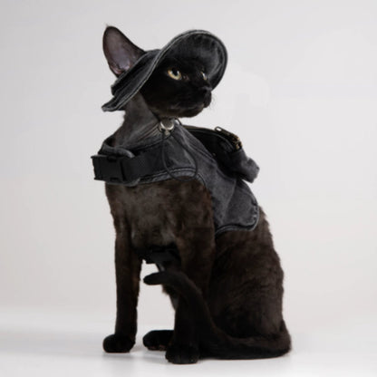 Adjustable Traction Vest And Fisherman's Hat Set For Walking A Cat In Devon.