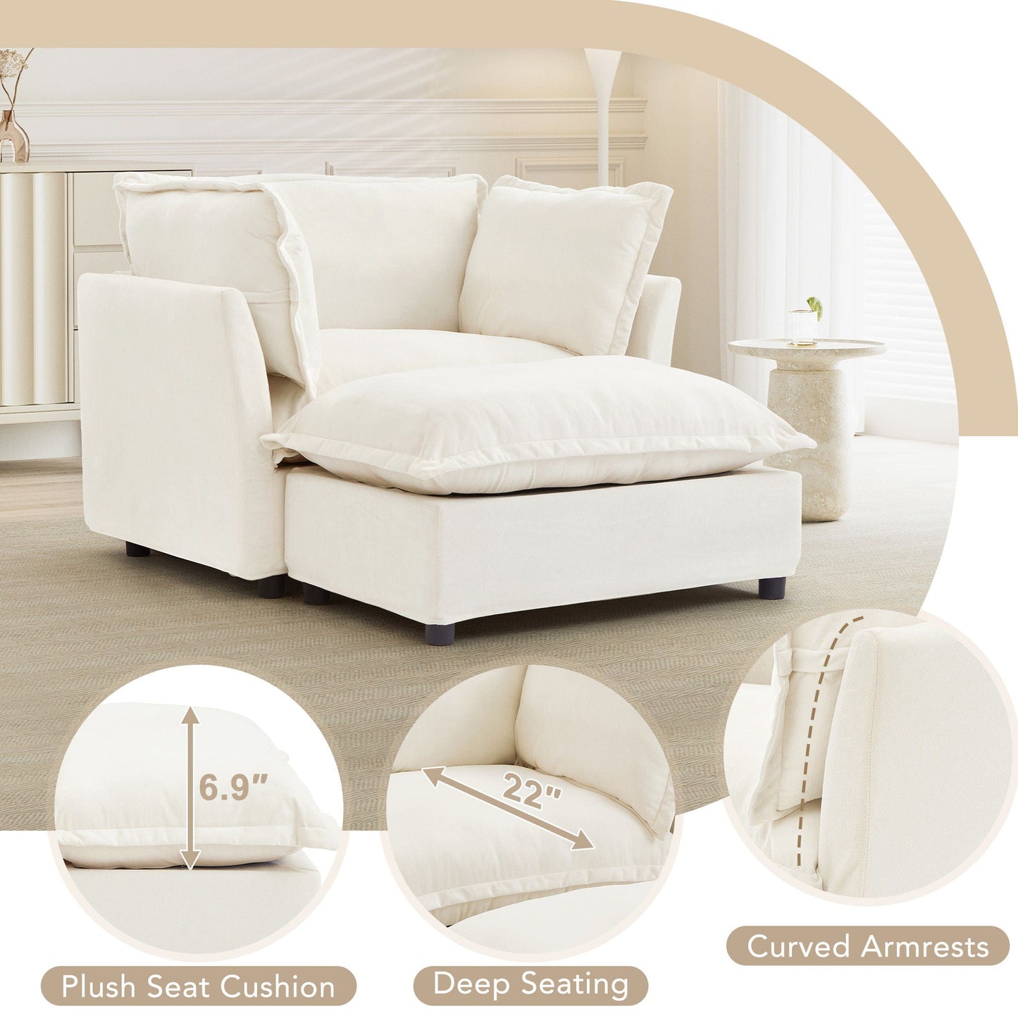 Modern Armchair Sofa With Movable Ottoman