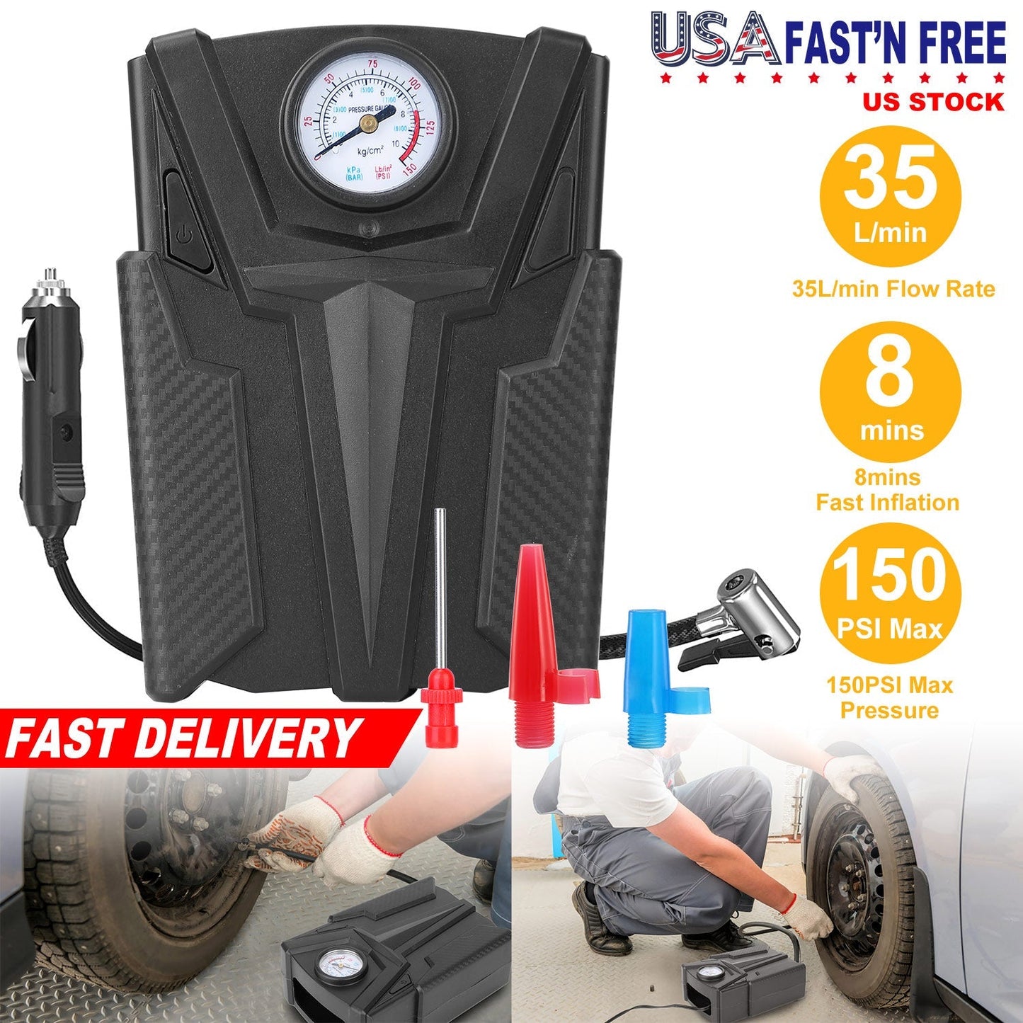 Car Tire Air Pump Portable Air Compressor Pump DC 12V Car Tire Inflator Pump For Bicycle Motorcycle w/ Pointer