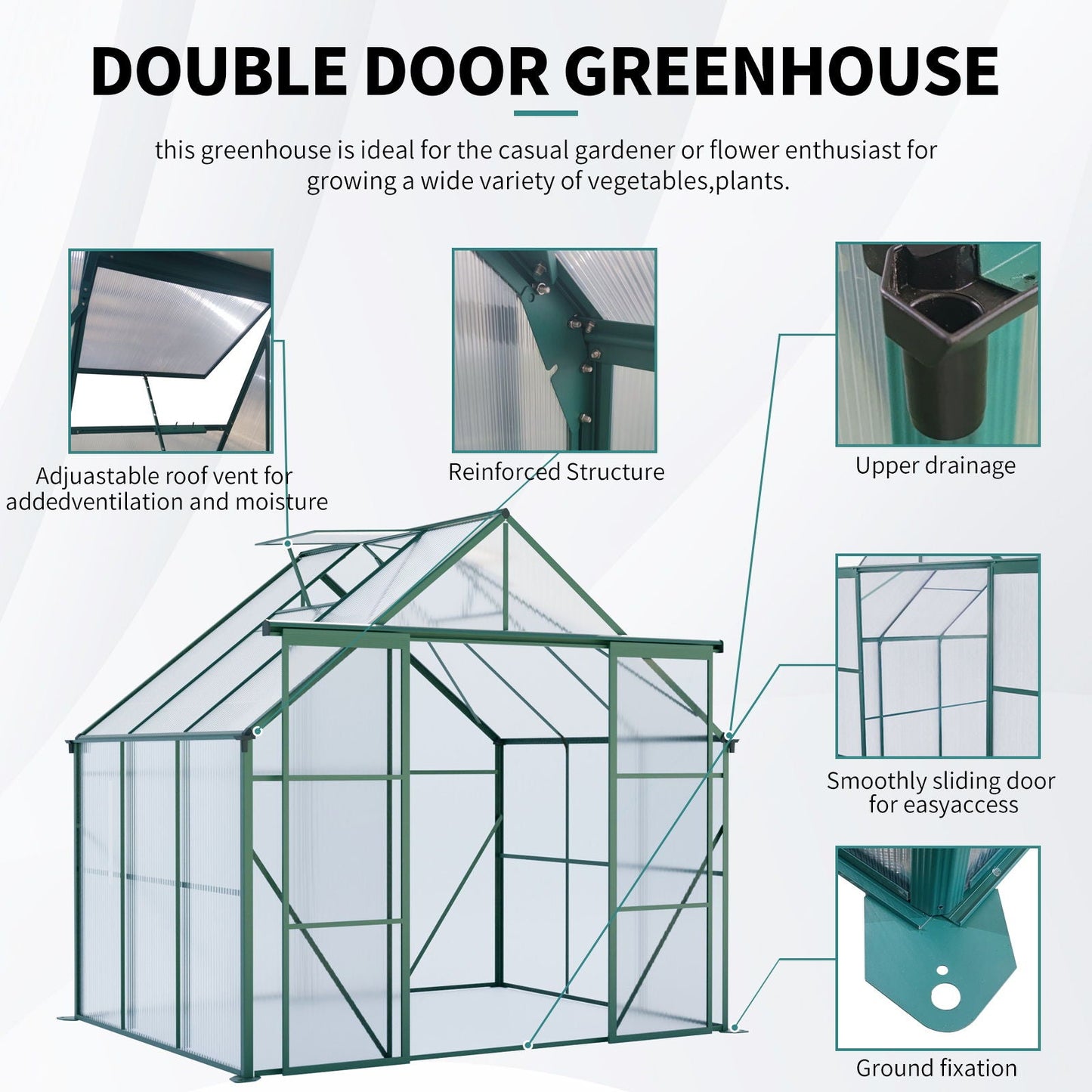 Double Door Polycarbonate house Raised Base And Anchor Aluminum Heavy Duty Walk In houses For Outdoor Backyard In All Season