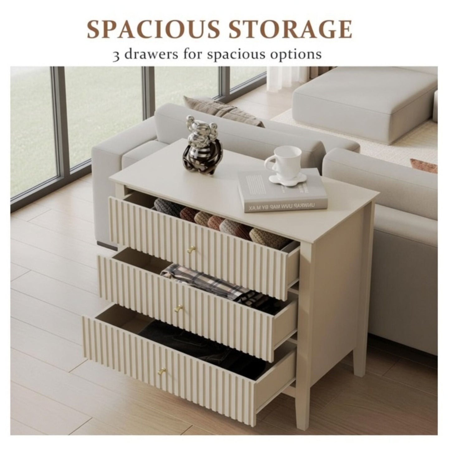 Fluted 3 Drawer Nightstand With Soft Close Slides