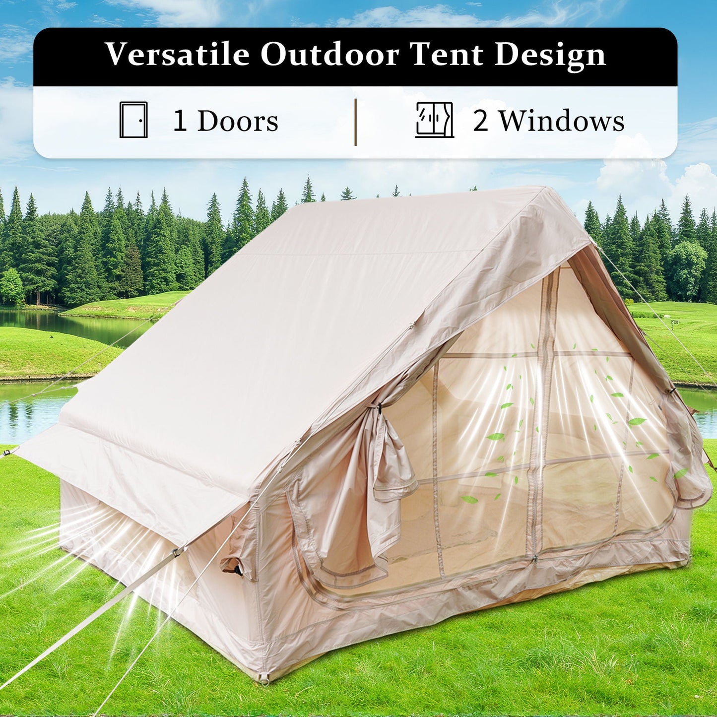 Inflatable Glamping Tent For 4 - 6 People, Waterproof Outdoor Tent With Pump - Khaki