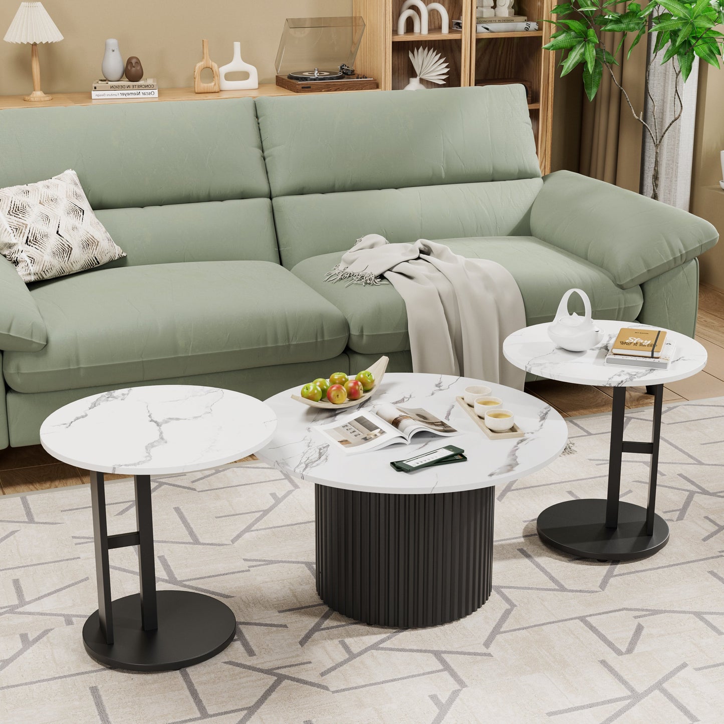 Coffee Table Set of 3 with Faux Marble Top and Metal Legs