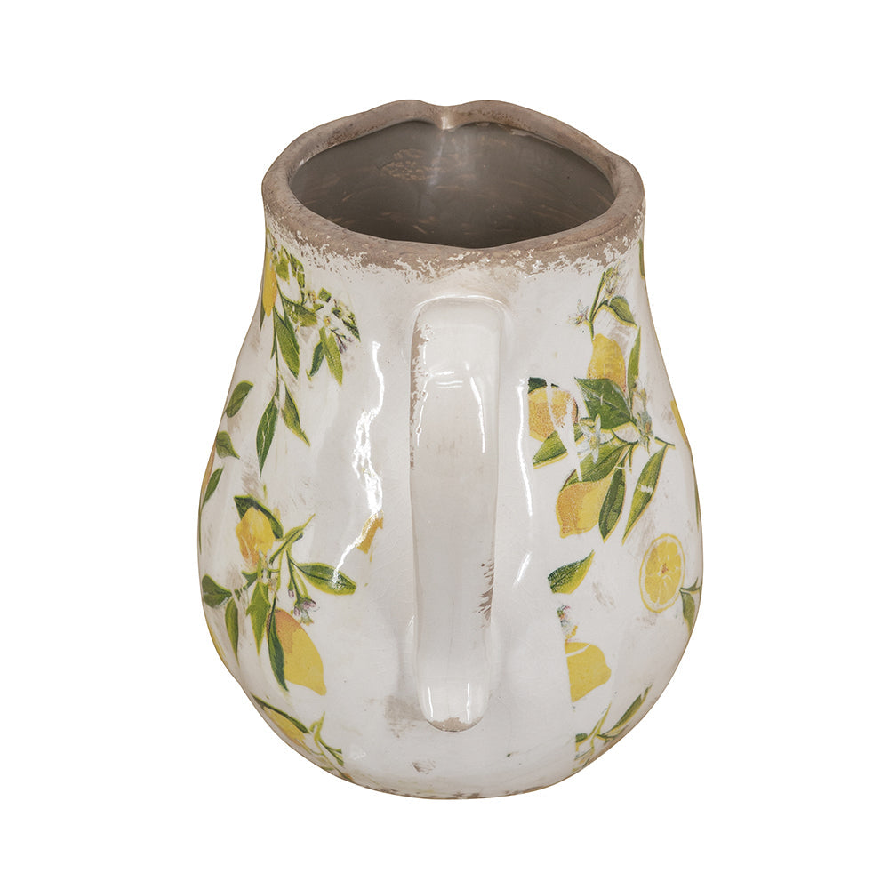 7.9x6.5x7.9' White Ceramic Pitcher Vase with Yellow Lemon Motif