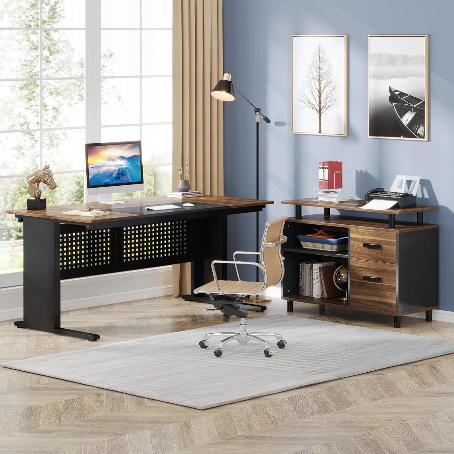 L-Shaped Executive Desk With File Cabinet, Office Workstation With Drawers, Shelves & Storage