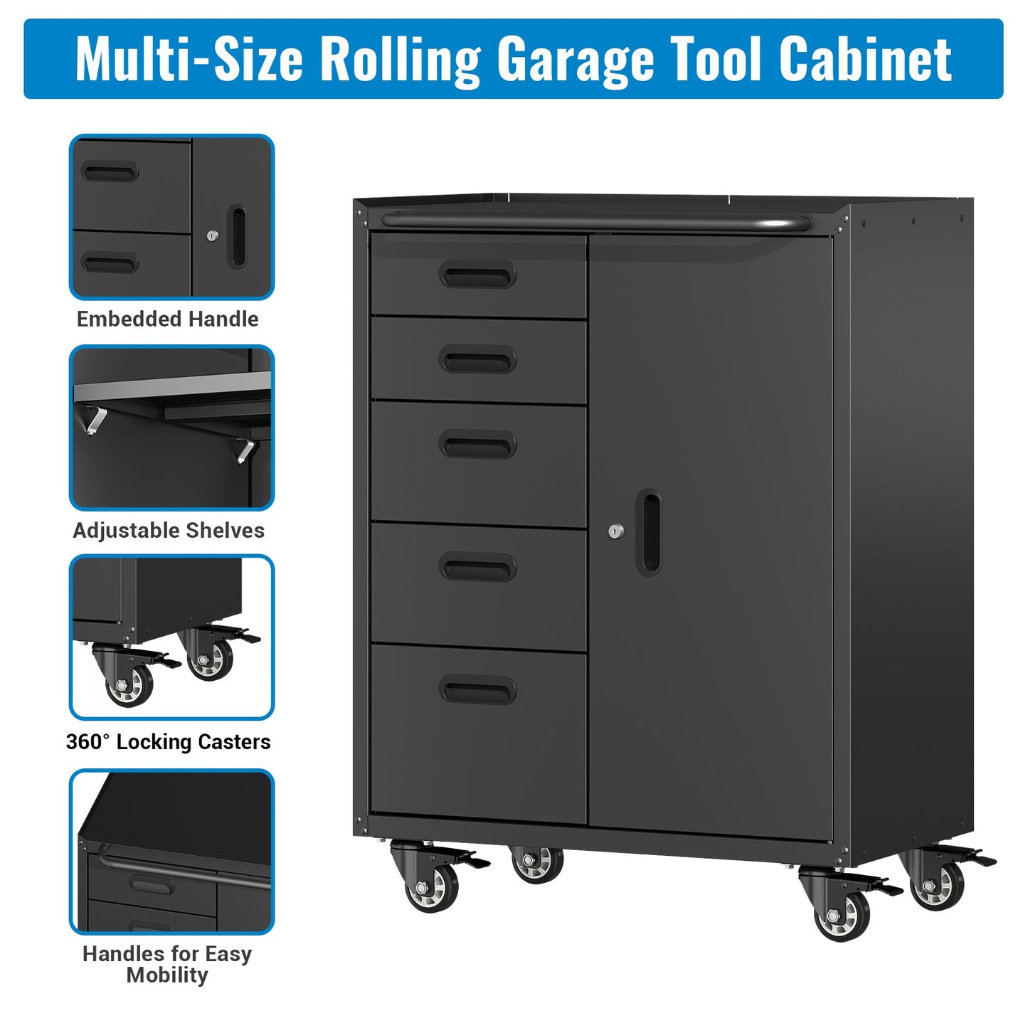 Metal Tool Garage Storage Cabinet with 5 Drawers and 1 Door