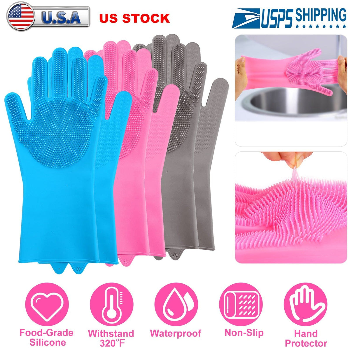 1 Pair Magic Silicone Brush Dishwashing Gloves Cleaning Sponge Pet Scrubber Heat Resistant Wash Gloves