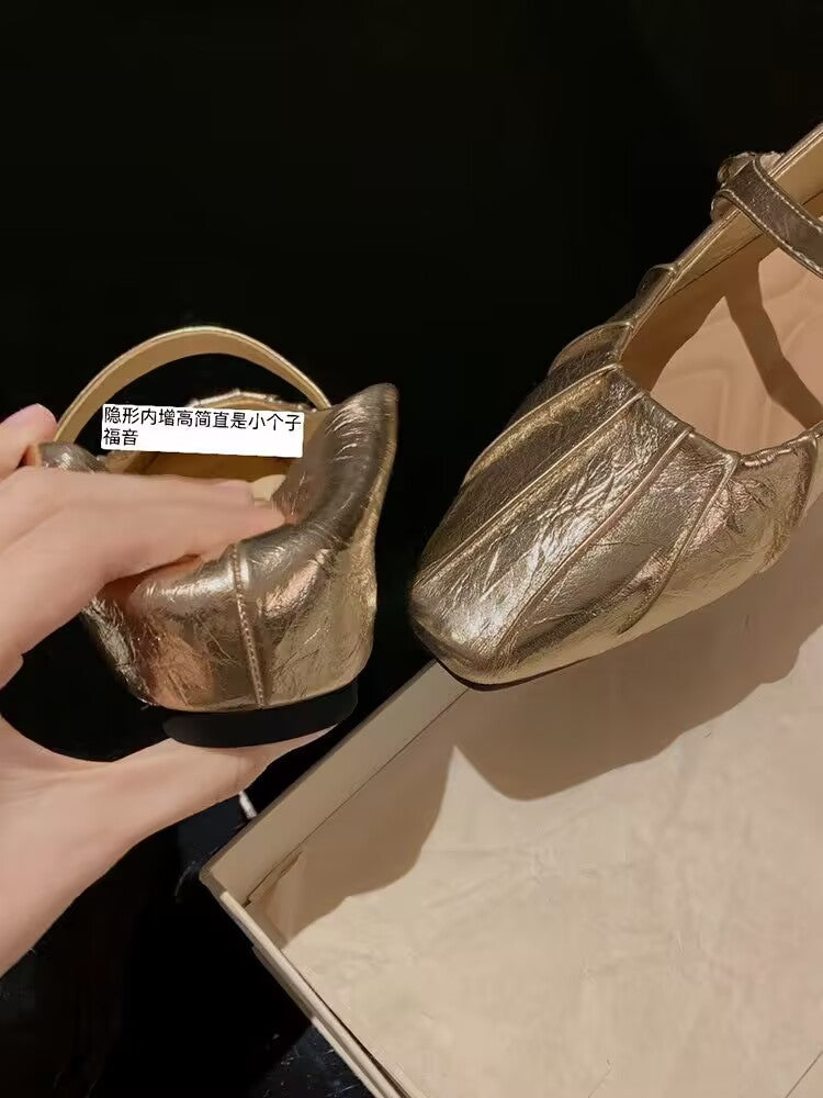 2026 Summer New Women French Style Mary Janes, Inner Heightening Wrinkle Square Toe Shallow Shoes With Single Strap Buckle Fashion Flats
