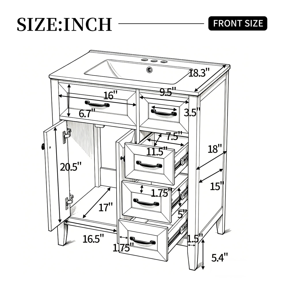 30" White Bathroom Vanity with Ceramic Sink