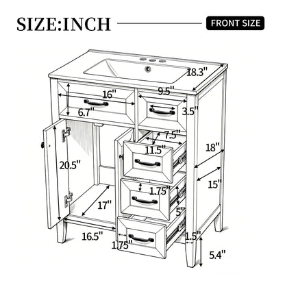 30" White Bathroom Vanity with Ceramic Sink