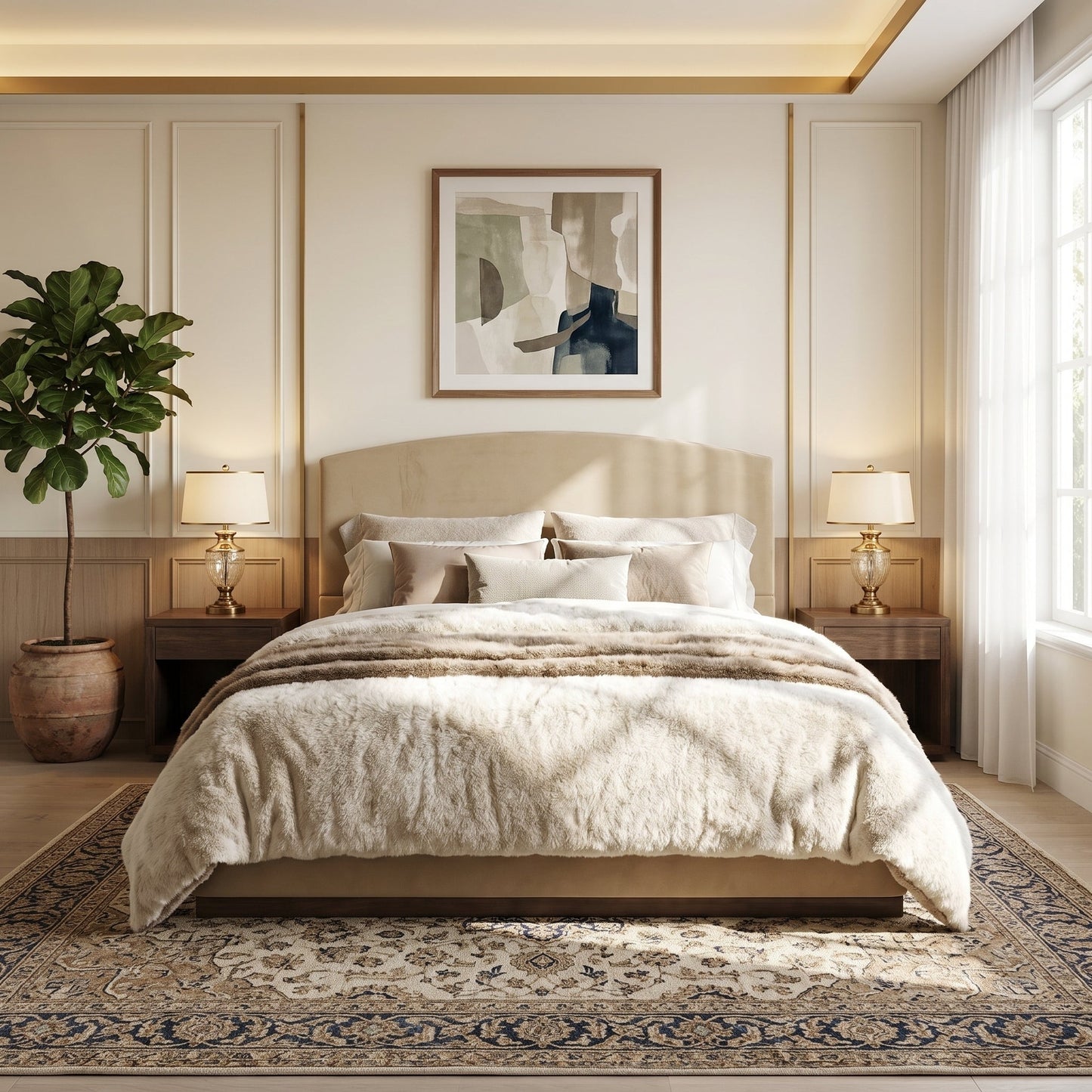 Queen Size Upholstered Bed Frame with Velvet Fabric Thick Headboard