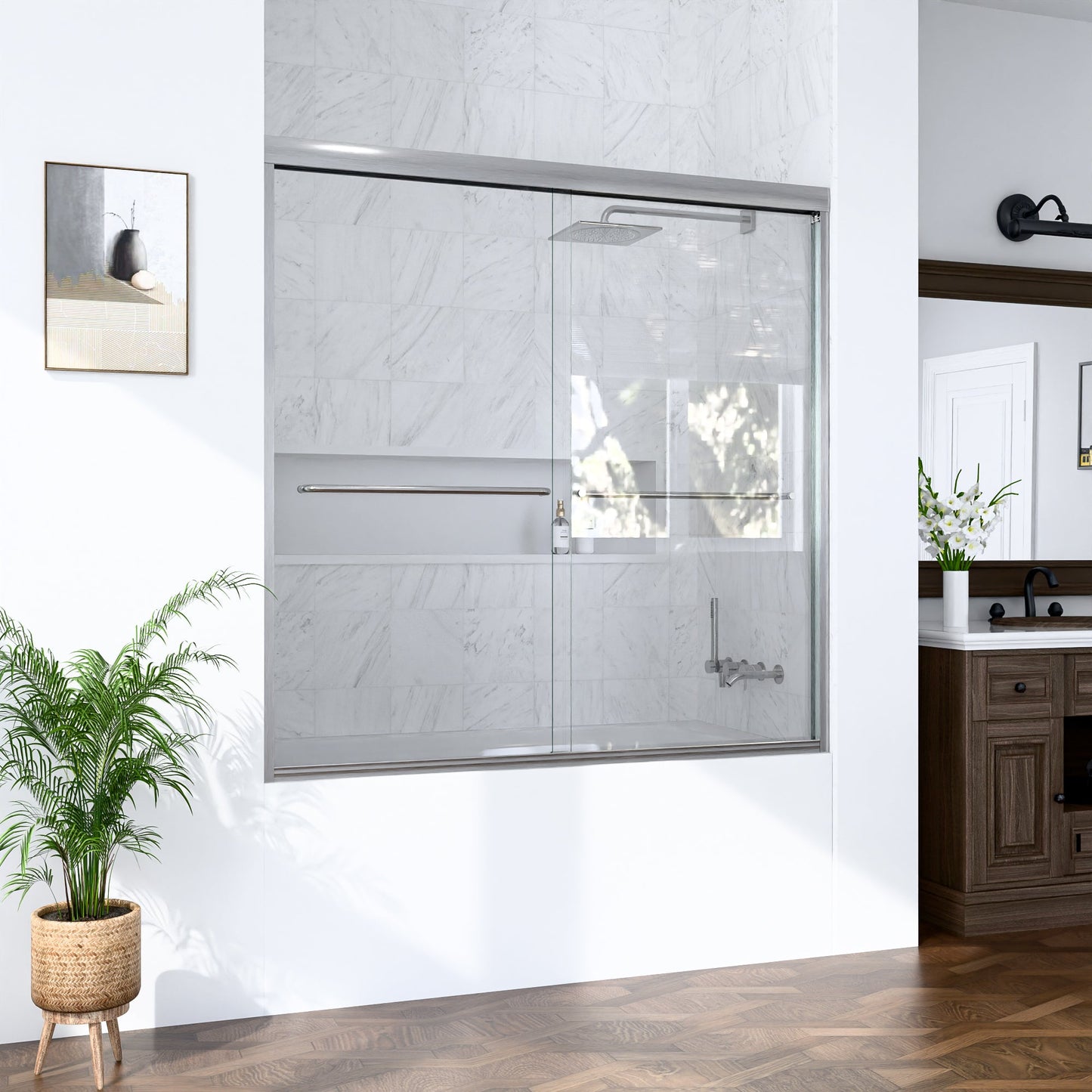 56-60"W x 60"H Semi-Frameless Double Sliding Shower Door