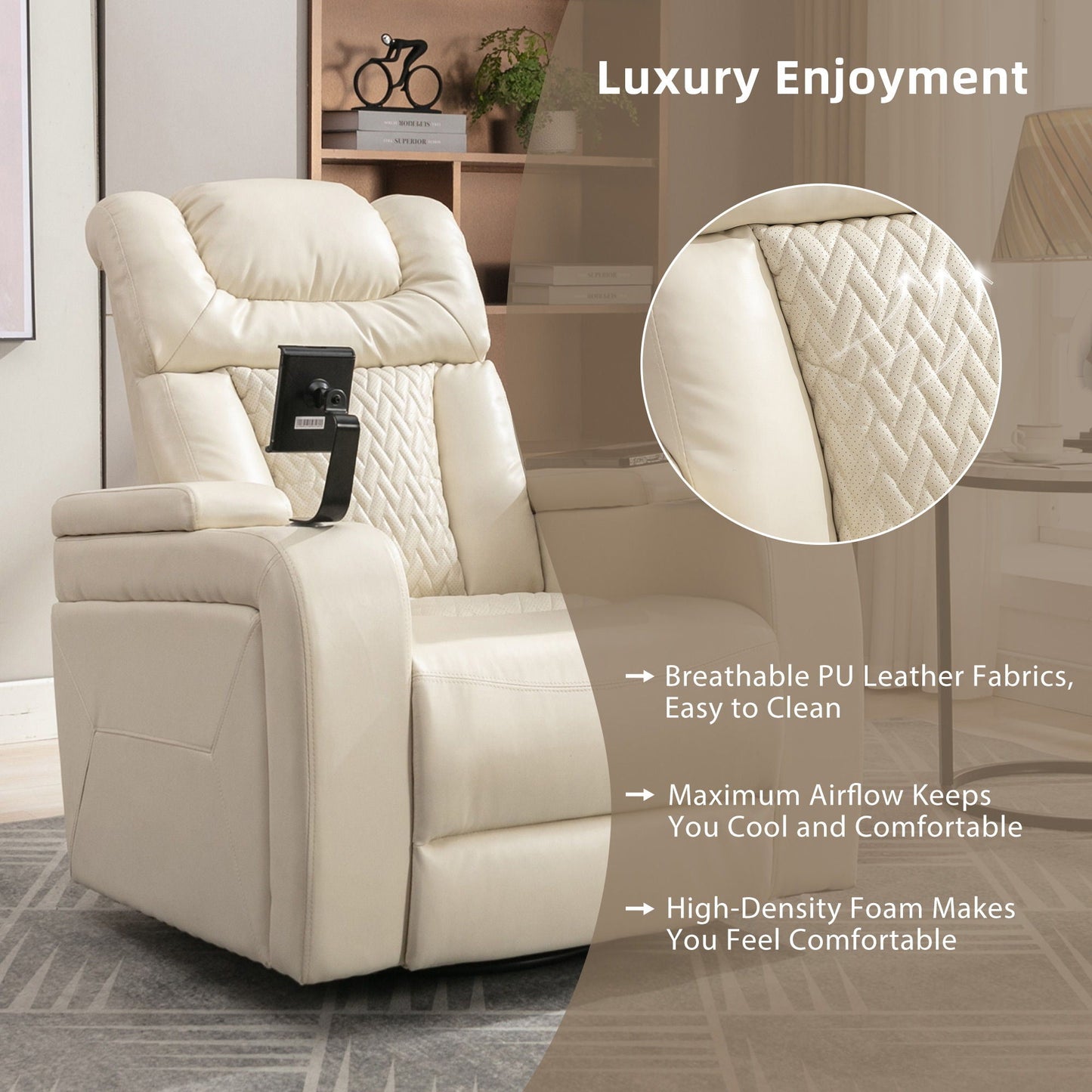 270 Degree Swivel Power Recliner With Tray Table, Phone Holder, Cup Holder, USB Port