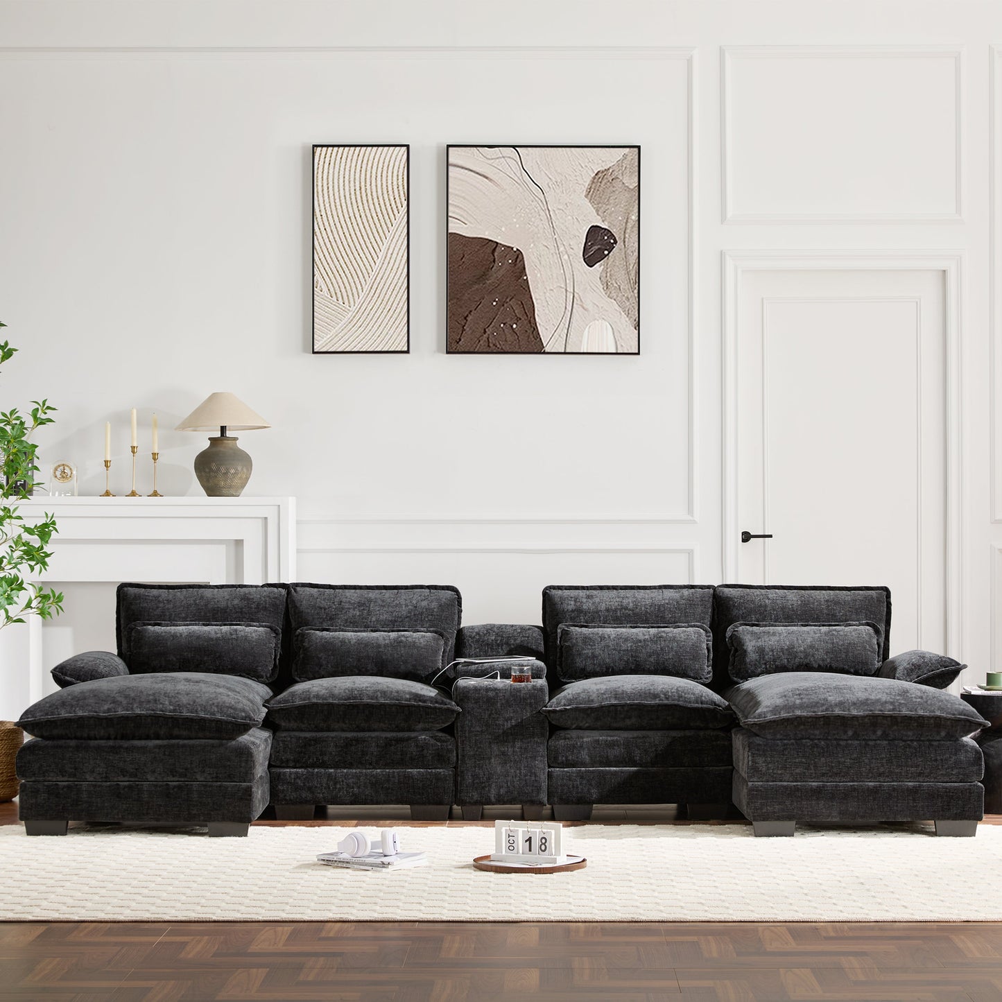 Modern U-Shaped Sectional Sofa with Console and USB Charger