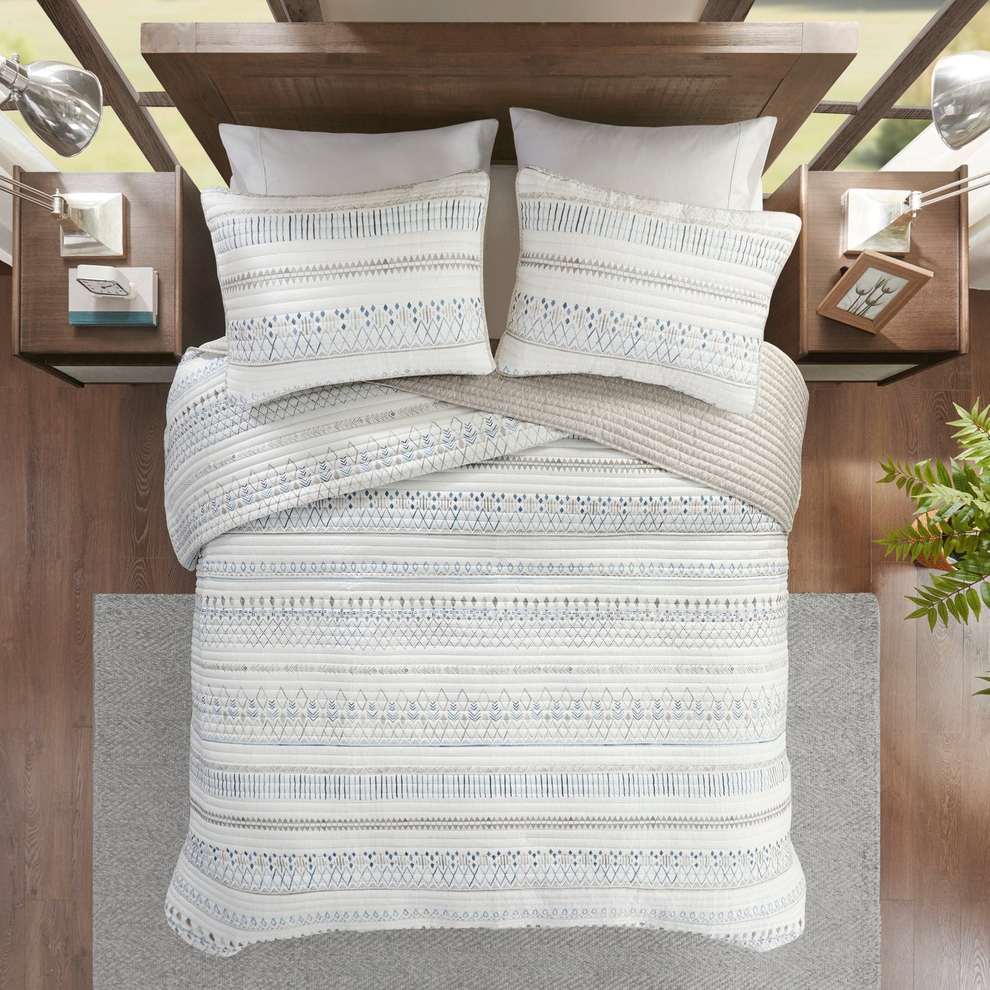 3 Piece Seersucker Quilt Set Taupe Blue King Cal King